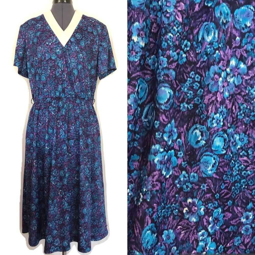 Vintage 80s Abstract Floral Dress Short Sleeve Midi Loose Fit Elastic Waist XL